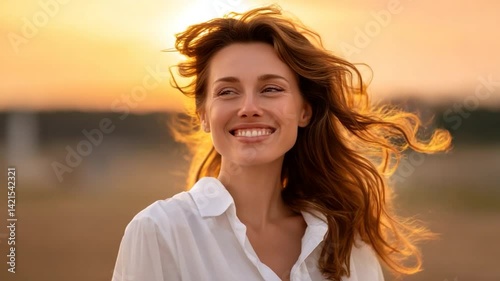 Woman smiling against golden sunset with windblown hair and white shirt