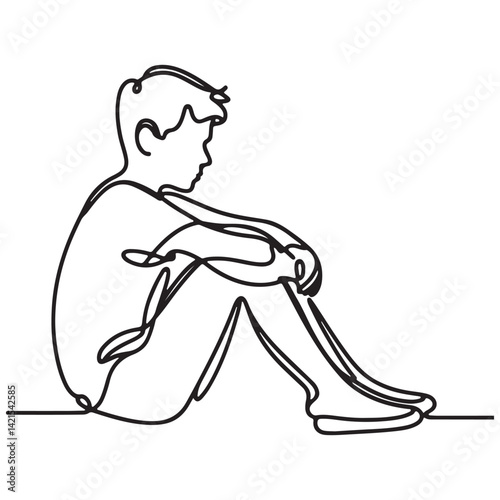 Pensive Boy Single Line Art Drawing Seated With Knees Bent
