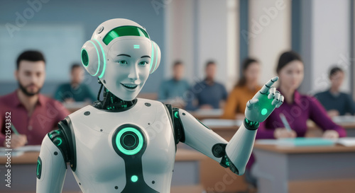 Ai robot teaching classroom of diverse adults with advanced technology