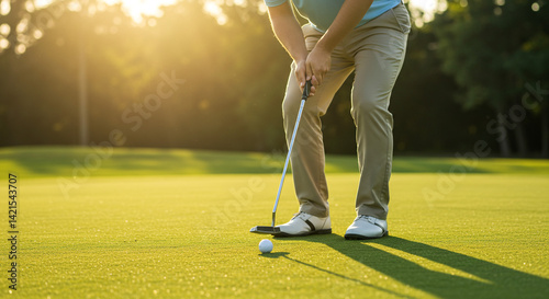 Golfer putting on a lush green at sunset golden hour light focused on the shot peaceful scene