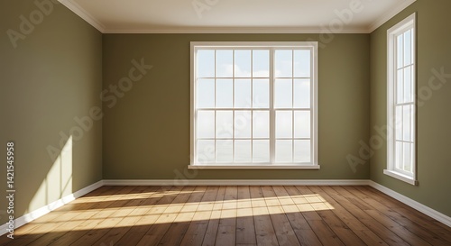 Wallpaper Mural Empty room with khaki wall, wooden floor, wide casement window. 3d illustration. 3d rendering Torontodigital.ca