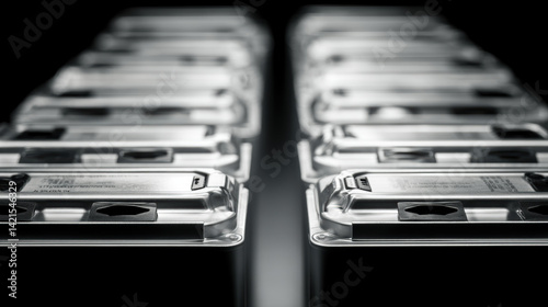 Top down view of aligned lithium batteries showcasing their metallic surfaces and intricate design, reflecting modern technology and innovation in energy storage