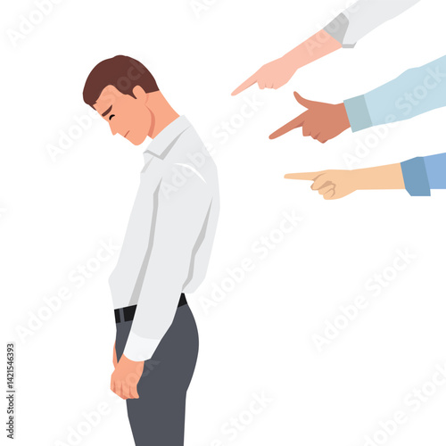 Man stands with his head down as several hands point accusingly at him, blame and social pressure. Flat vector illustration isolated on white background