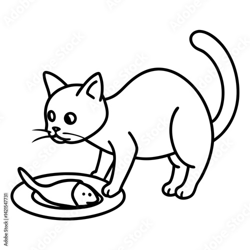 cat eating fish from a dish outline on white background
