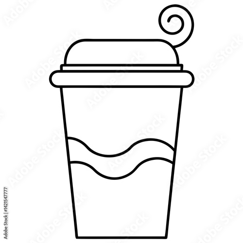 "A black outline vector illustration of a takeaway coffee cup with decorative flourishes reminiscent of classic diner signage. The lid and sleeve feature subtle detailing for a nostalgic touch."