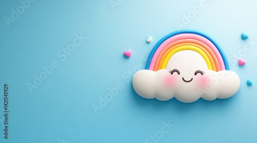 Cute cartoon cloud with a smiling face and rainbow on a blue background with hearts for cheerful designs