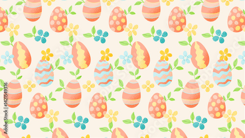 Easter seamless pattern with eggs and flowers on a beige background