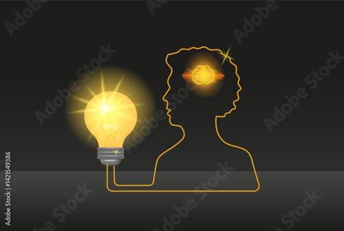 A light bulb emitting light, a creative idea, innovations in inventive thematic projects.