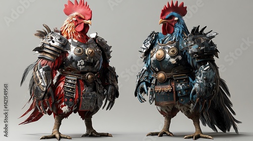 Two majestic roosters, adorned in ancient armor, stand proudly. Their vibrant plumage contrasts with the weathered metal.
