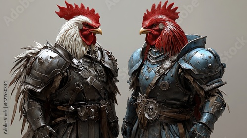 Two Rooster Knights in weathered armor face off, a 3D-rendered digital artwork of fantasy creatures.