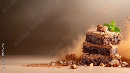 A beautiful arrangement of stacked chocolate brownies with hazelnuts showcases a perfect dessert experience, embodying both visual appeal and mouthwatering taste destined for enjoyment.