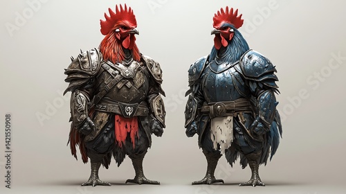 Gallant Roosters in Armor A 3D-rendered masterpiece showcasing two majestic roosters, clad in ornate, battle-ready armor, standing proudly against a neutral background.