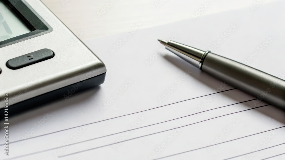 Office supplies on a desk with a pen and calculator beside blank paper. Office supplies on a desk with a pen and calculator beside blank paper.