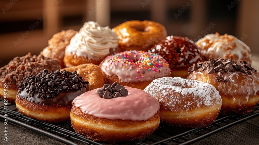 A vibrant assortment of donuts with various toppings and flavors arranged beautifully, perfect for any dessert lover or bakery showcase that captures sweet indulgence. A vibrant assortment of donuts with various toppings and flavors arranged beautifully, perfect for any dessert lover or bakery showcase that captures sweet indulgence.