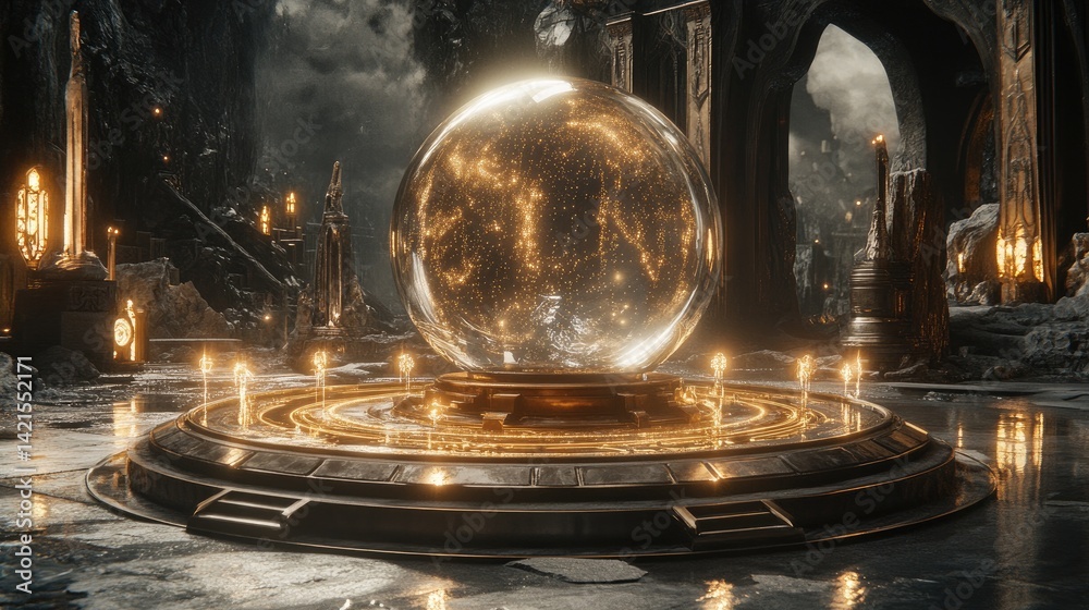 Mystical orb of prophecy in ancient chamber