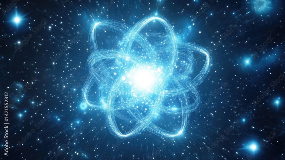 Atomic structure in space. A glowing, ethereal representation of an atom, radiating light, within a cosmic background
