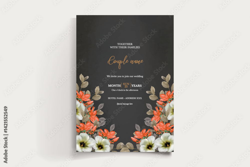 Obraz premium WEDDING INVITATION FRAME WITH FLOWER DECORATIONS AND FRESH LEAVES