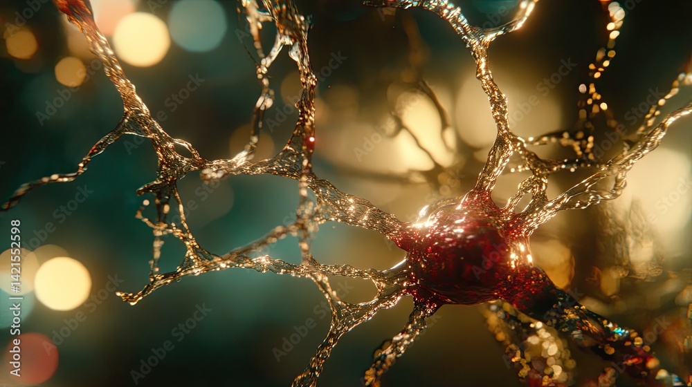 Intricate neuron cell structure, glowing soma, detailed axon branches