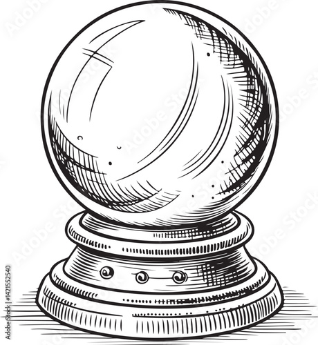Crystal Ball, Fortune Telling and Reading Future, Medium and Psychic, Black and White Vector Illustration, Sketch Drawing Line Linear Symbol Icon Engraving, Hand-drawn Isolated