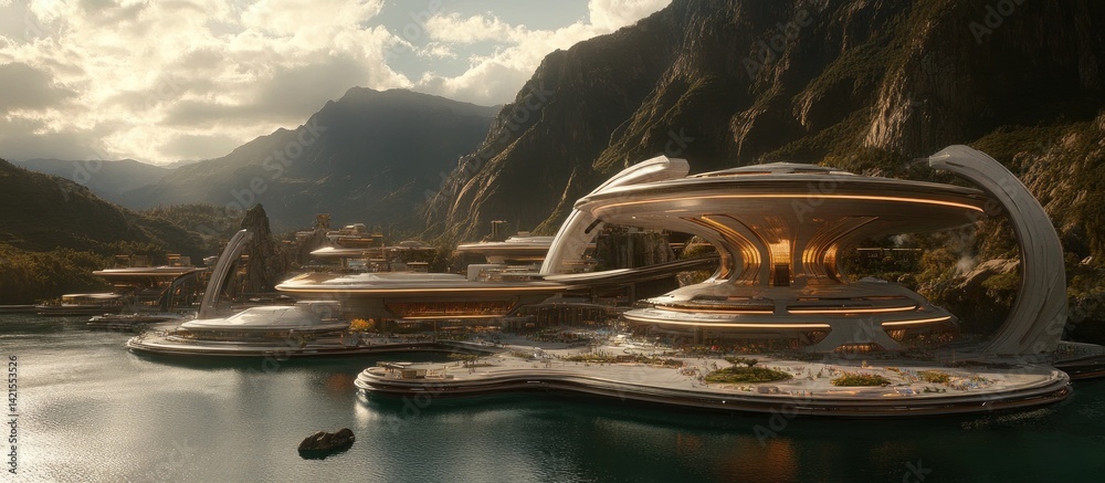 Futuristic coastal city nestled in mountains