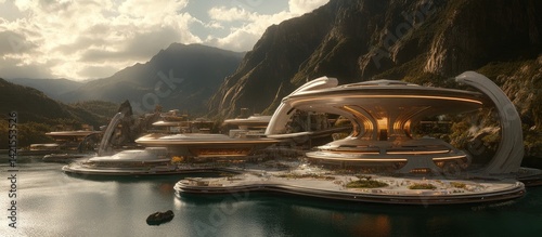 Obraz na płótnie Futuristic coastal city nestled in mountains w salonie