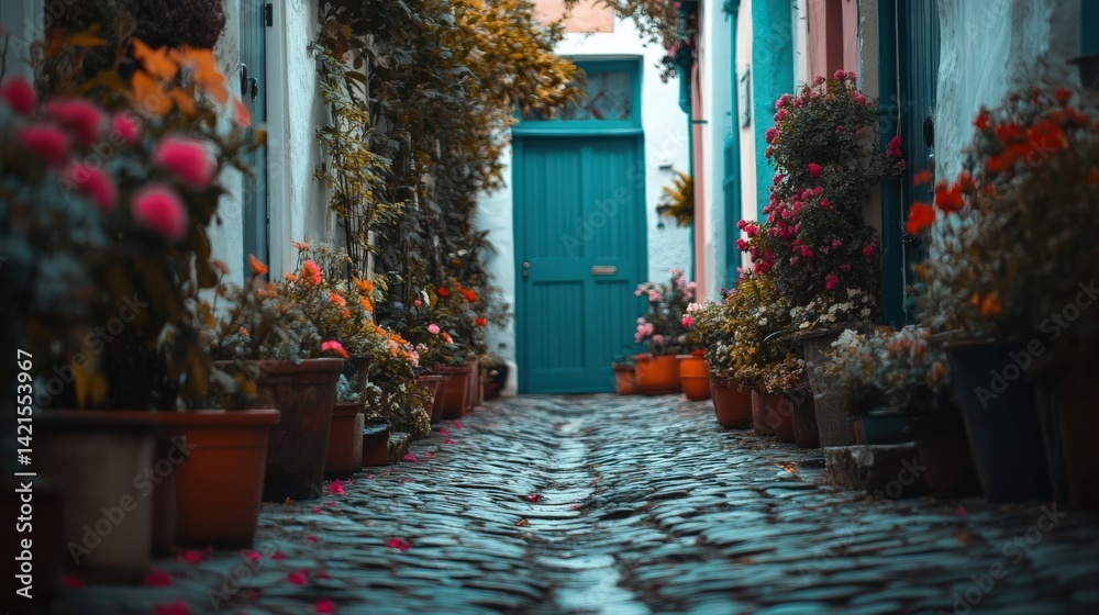 Fototapeta premium Charming alley with colorful flowers and a blue door, inviting exploration in a tranquil setting.