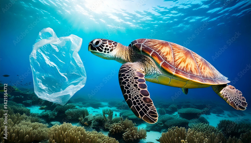 Fototapeta premium sea turtle gracefully swims through vibrant underwater scene, encountering plastic bag that highlights issue of ocean pollution