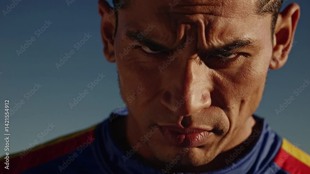 Intense focused athlete with determined gaze against clear sky in sequential closeups