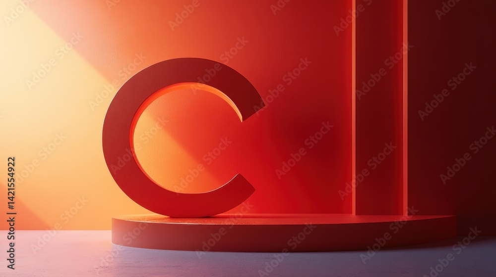 Fototapeta premium Abstract red background with a large 3D letter C on a stage highlighting modern minimalistic design elements