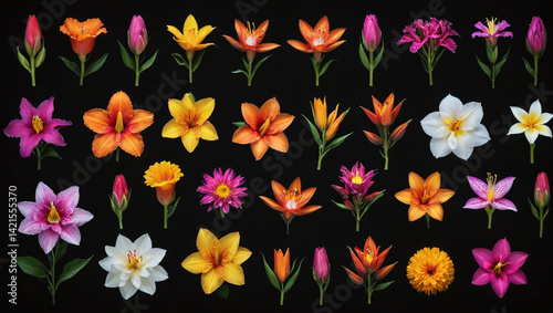 Vibrant Collection of Exotic Flowers on Black Background