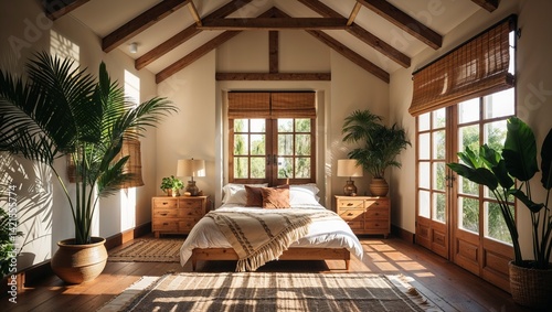 Wallpaper Mural a stylish and serene bedroom with a bohemian aesthetic. The room features a high, slanted ceiling with exposed wooden beams, adding a rustic charm. Torontodigital.ca