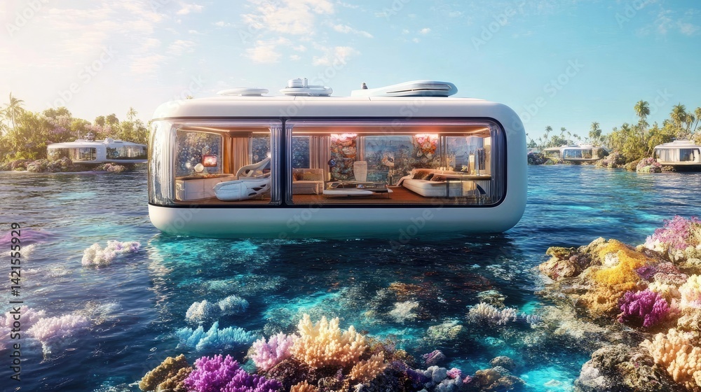 Futuristic floating home amidst vibrant coral reef