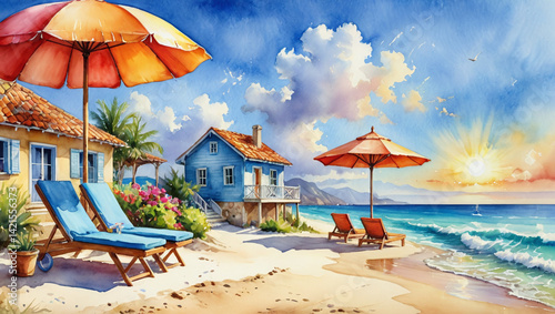 Serene Beach Houses, Sunny Skies, and Ocean Views A Watercolor Painting