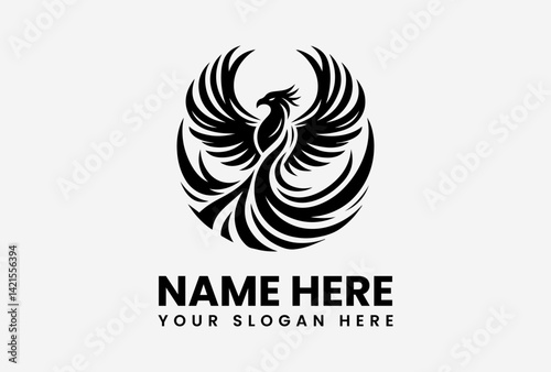 Black phoenix bird vector logo with wide spread wings, elegant mythical creature emblem in bold silhouette style