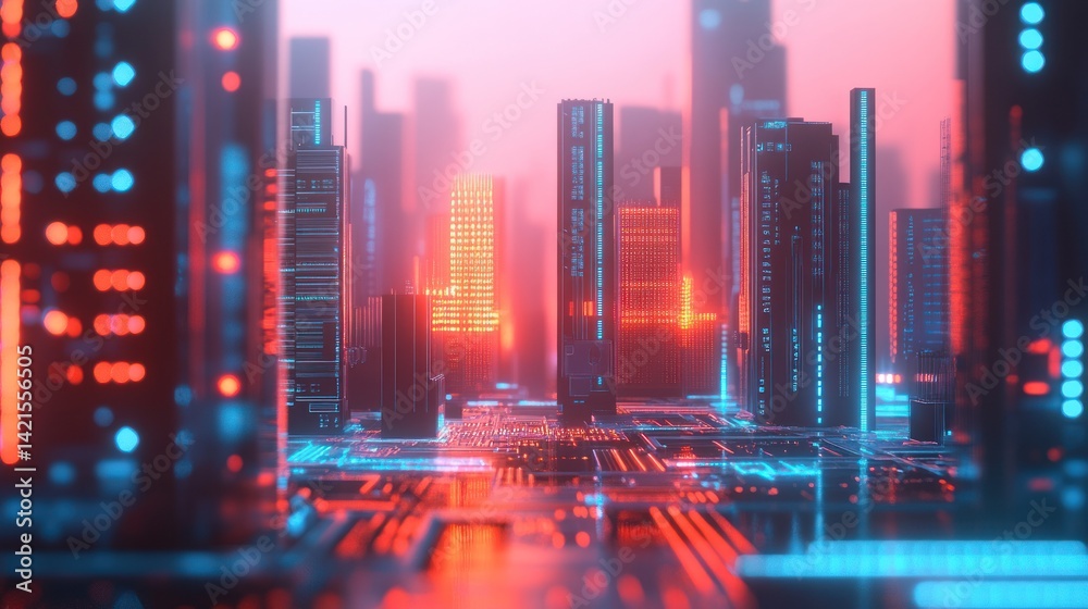Futuristic cityscape, glowing with vibrant digital network