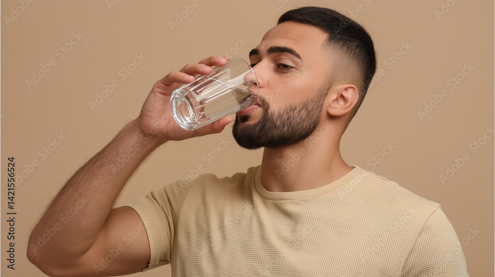 Man drinking water in a simple room with beige backdrop, promoting hydration and wellness Man drinking water in a simple room with beige backdrop, promoting hydration and wellness