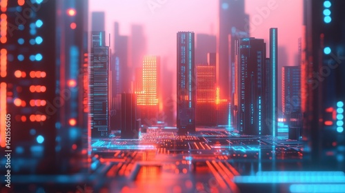 Obraz na płótnie Futuristic cityscape, glowing with vibrant digital network w salonie