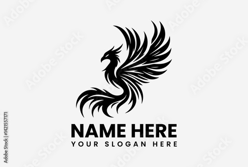 Black phoenix bird vector logo with wide spread wings, elegant mythical creature emblem in bold silhouette style