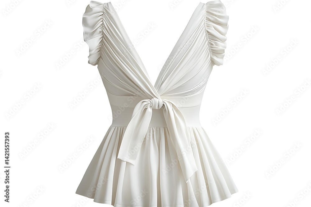 Knotted V-Neck Top with Ruffled Sleeves on a White Background for Fashion Design