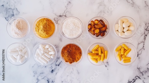 Wallpaper Mural Assorted Dietary Supplements and Powders in Glass Bowls on Marble Surface Torontodigital.ca