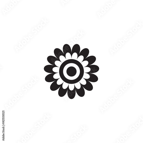 A bold, symmetrical flower icon with a stylized, circular petal arrangement. The design uses geometric precision and clean lines to form a visually balanced floral motif. Ideal for logos, wellness bra