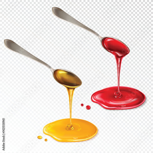 Sweet honey and jam dripping from a spoon, isolated on a white background