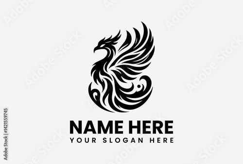 Minimalist black phoenix bird logo vector, wide wings mythical firebird design with clean and modern style