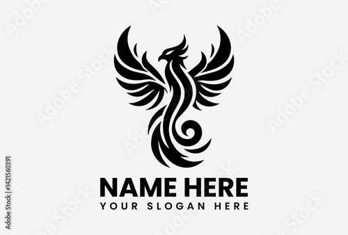 Bold phoenix bird logo vector in black, wide-winged firebird design symbolizing rebirth and strength 