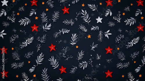 Pattern of stars and floral elements in cool tones on a dark background, festive design