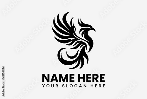 Bold phoenix bird logo vector in black, wide-winged firebird design symbolizing rebirth and strength 