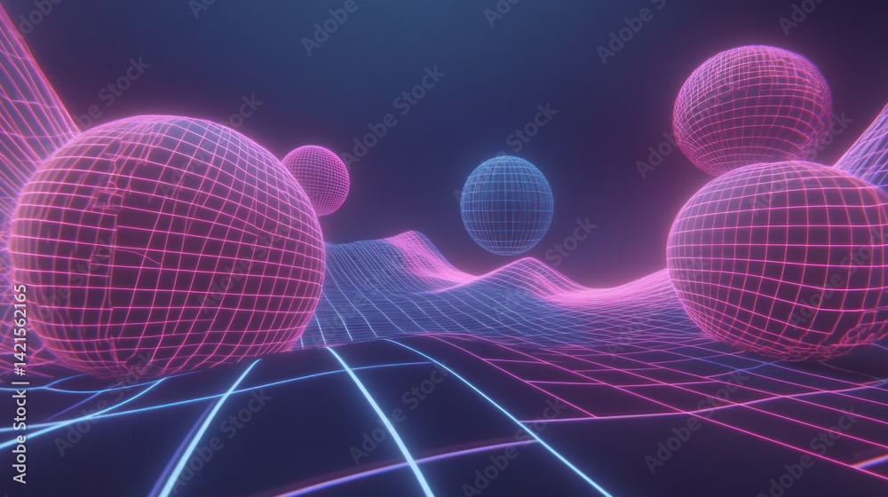 Neon grid landscape with floating spheres