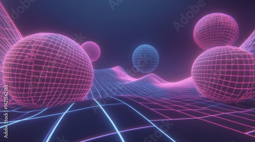 Obraz na płótnie Neon grid landscape with floating spheres w salonie