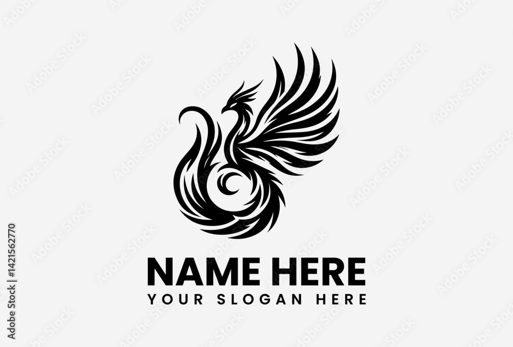 Majestic black phoenix with spread wings rising from flames, mythical rebirth emblem for powerful branding Majestic black phoenix with spread wings rising from flames, mythical rebirth emblem for powerful branding