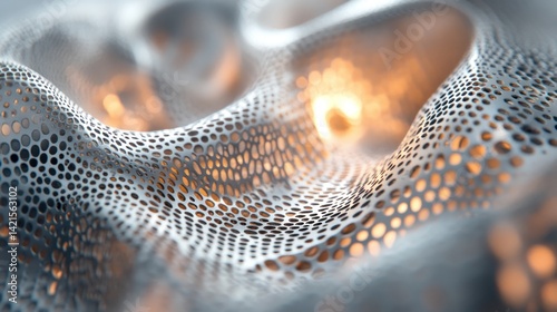 Abstract wavy, perforated, metallic surface with glowing inner details